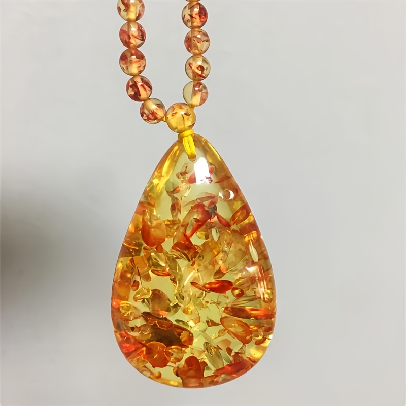 Women's Natural Baltic Amber Flower Water Drop Pendant Necklace